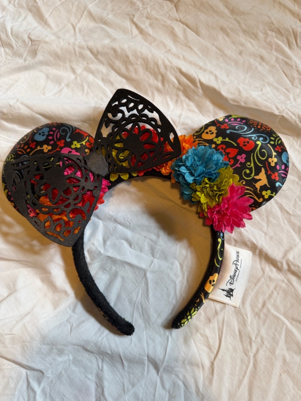 Disney Parks Day of the Dead Minnie Ears Headband - Black with Neon Florals